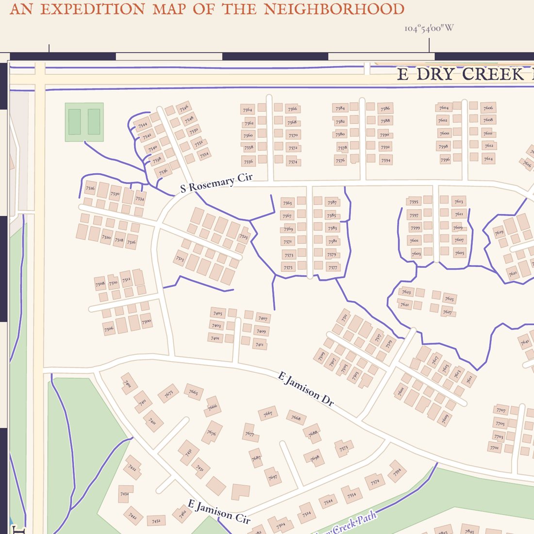 Close-up: northwest corner with E Dry Creek Rd, S Rosemary Cir and trails