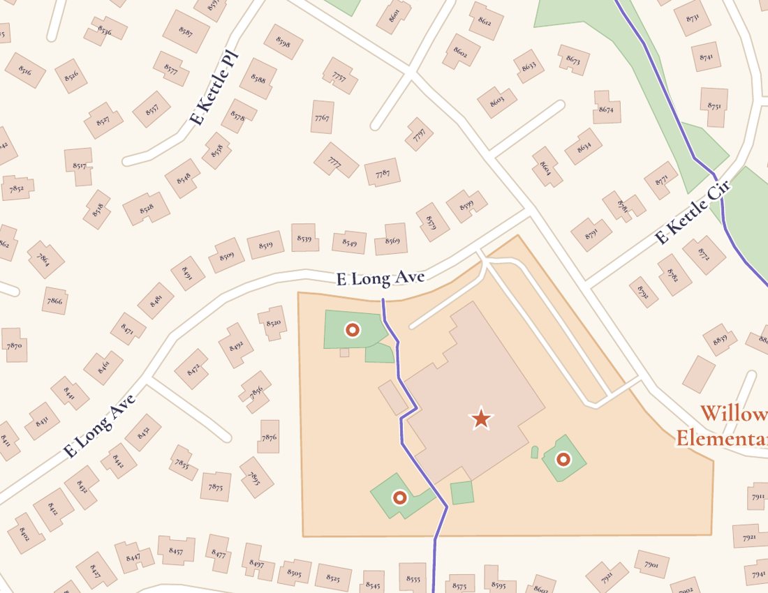 Close-up: Willow Creek Elementary with playgrounds, Long Ave and numbered houses