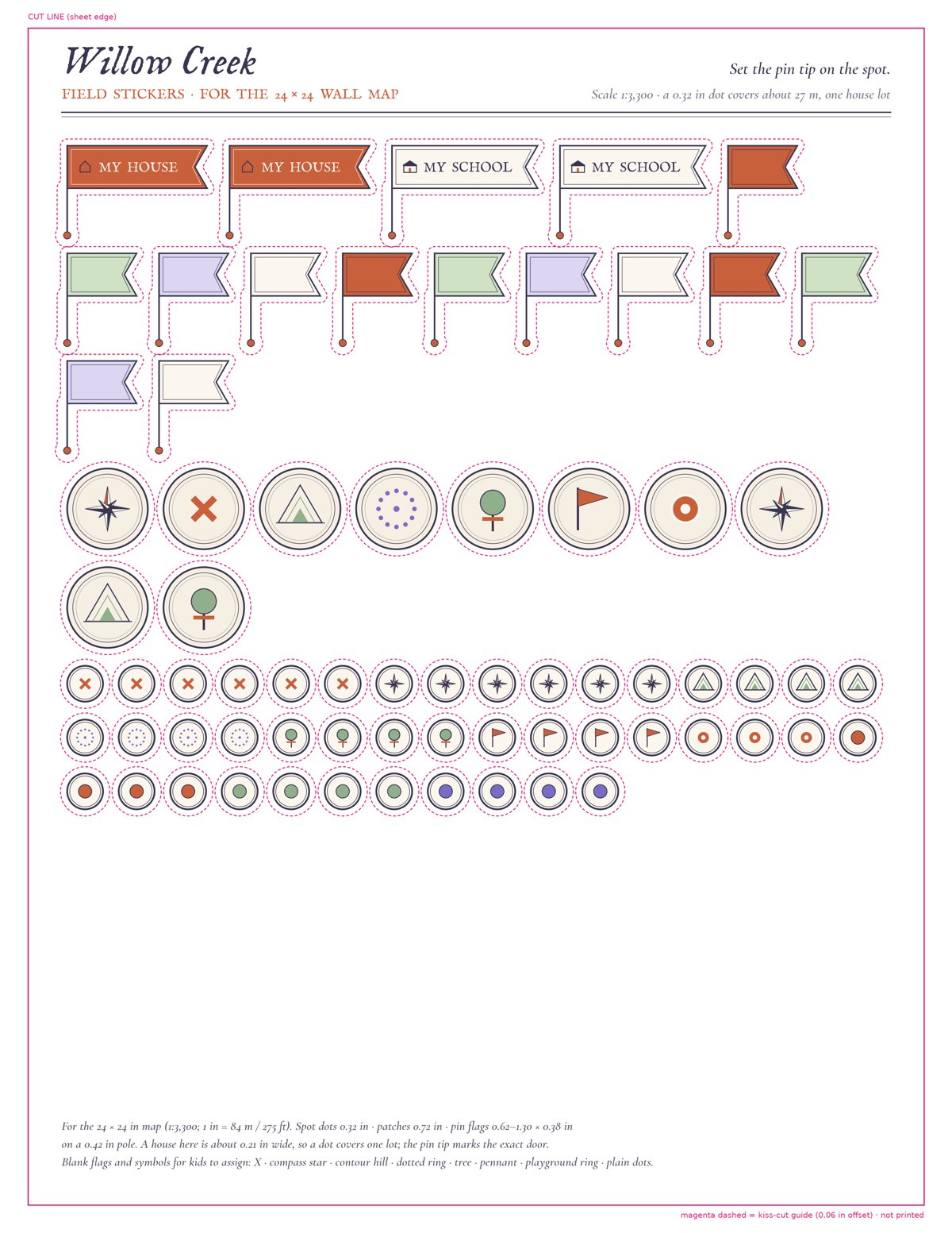 Expedition sticker sheet: My House and My School flags, blank flags and cartographic symbol dots with cut guides